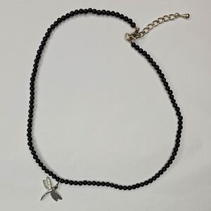 Black Beaded Necklace with Silver Dragonfly Charm